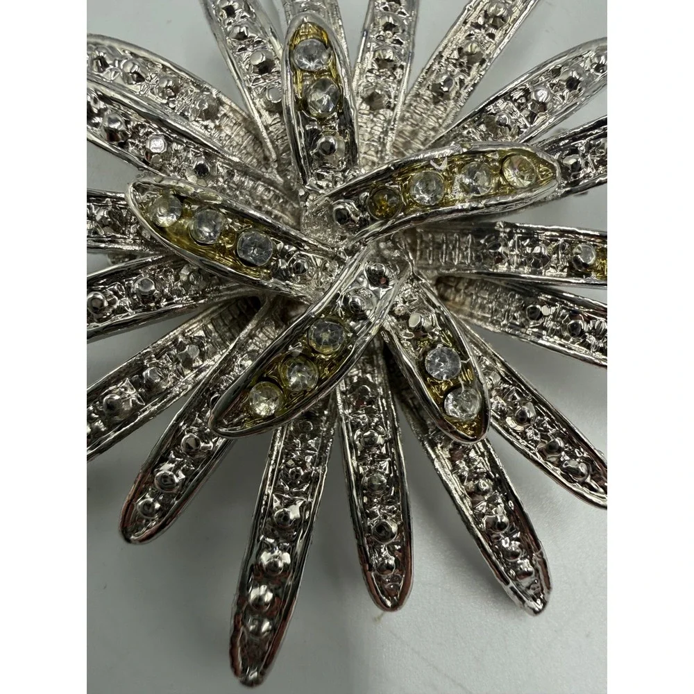Vintage Silver Tone Starburst Brooch Rhinestone Sunburst Statement Pin Large